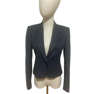 90S GRAY &  BLUE PINSTRIPE WOOL BLEND CROPPED VINTAGE BLAZER GILMOR EUC 5/6